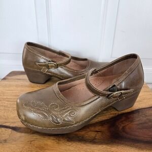 Dansko Mary Jane Clogs Size 37 6.5/7 Distressed Green Leather Womens Floral